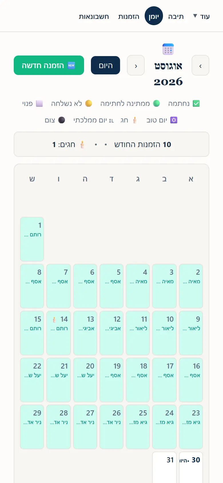 צילום מסך של היומן במערכת בנייד — נתוני הדגמה