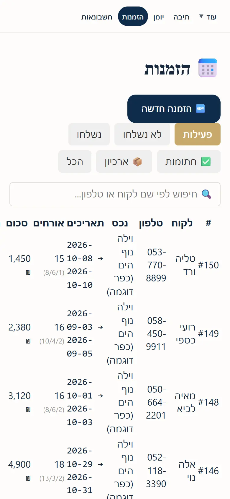 צילום מסך מהמערכת בנייד — נתוני הדגמה