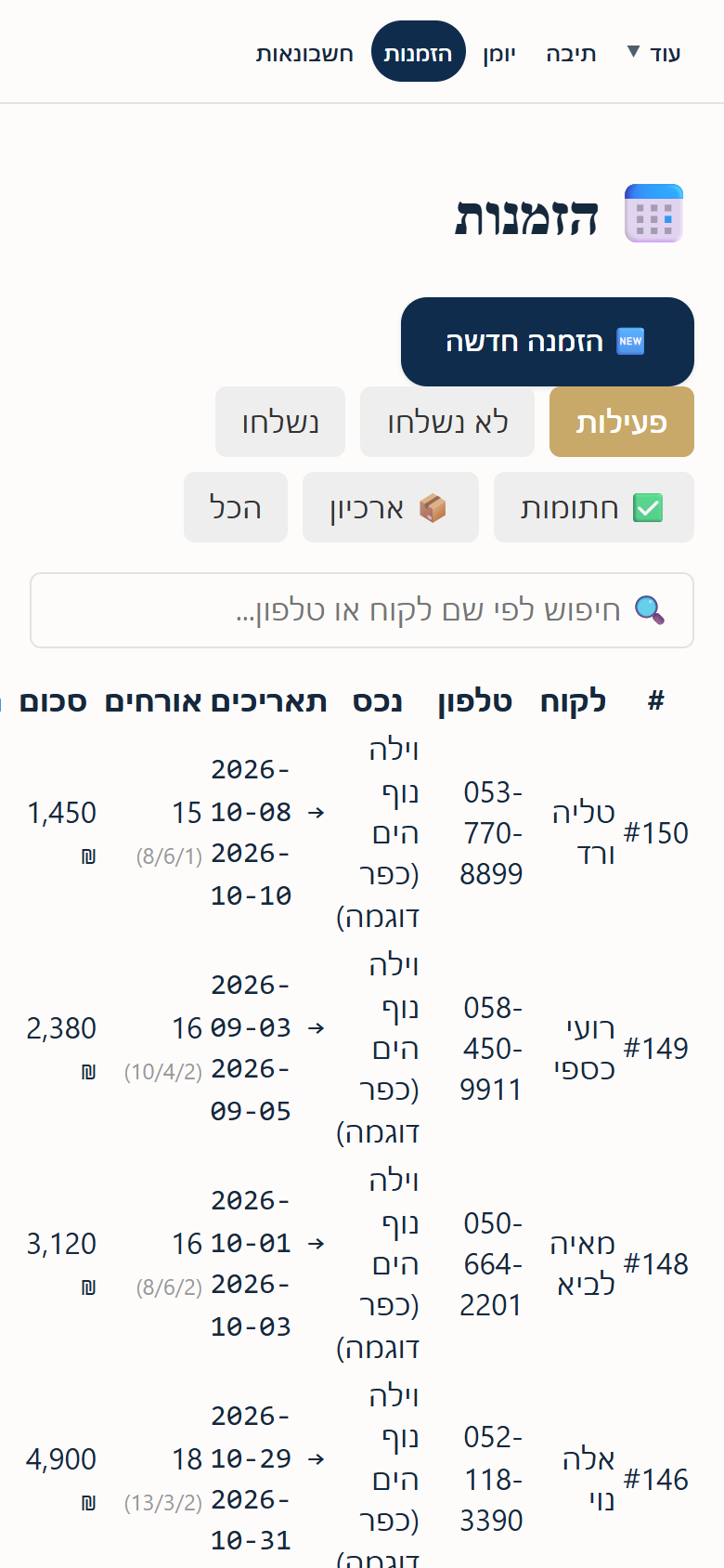 צילום מסך מהמערכת בנייד — נתוני הדגמה